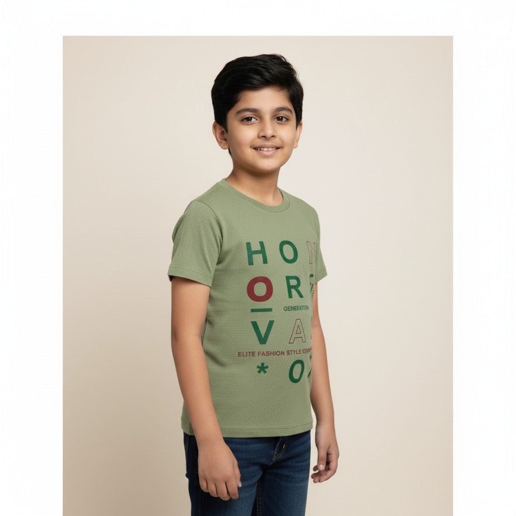 Boys Olive Green “Honor & Valor” Printed T-Shirt