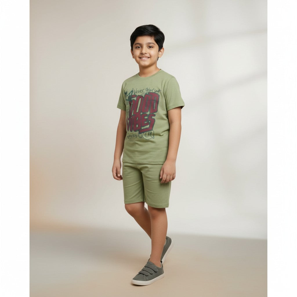 Boys Olive Green “Good Vibes” Printed Co-ord Set – T-Shirt & Shorts
