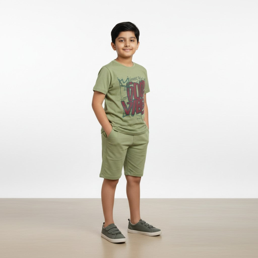 Boys Olive Green “Good Vibes” Printed Co-ord Set – T-Shirt & Shorts