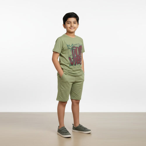 Boys Olive Green “Good Vibes” Printed Co-ord Set – T-Shirt & Shorts