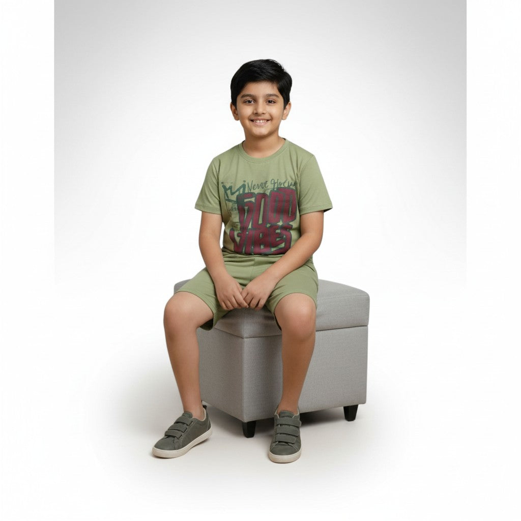 Boys Olive Green “Good Vibes” Printed Co-ord Set – T-Shirt & Shorts