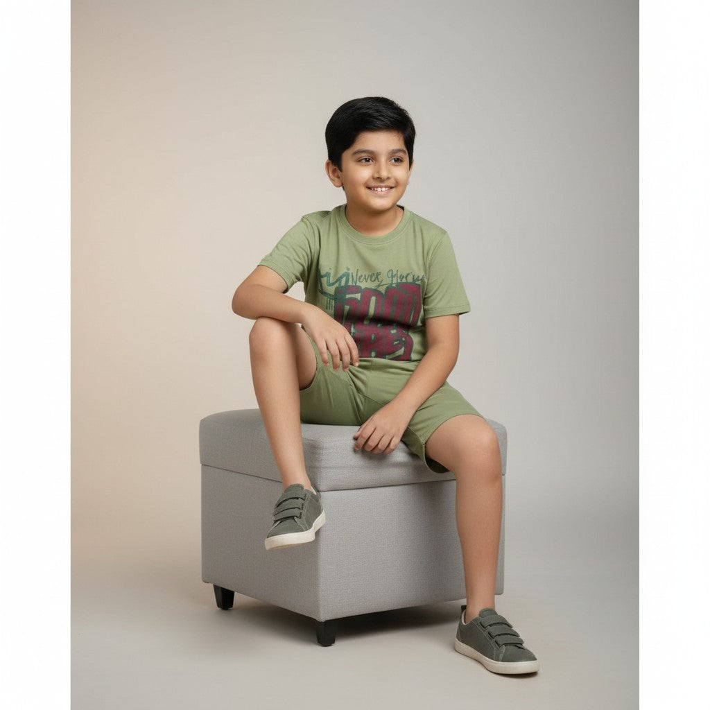 Boys Olive Green “Good Vibes” Printed Co-ord Set – T-Shirt & Shorts
