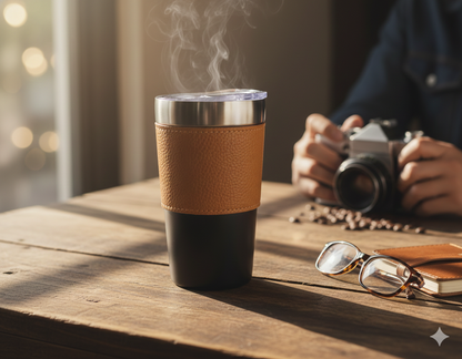 Premium Thermos Mug | 400 ml Double Wall Stainless Steel Mug with PU Leather Sleeve & Key Ring Holder