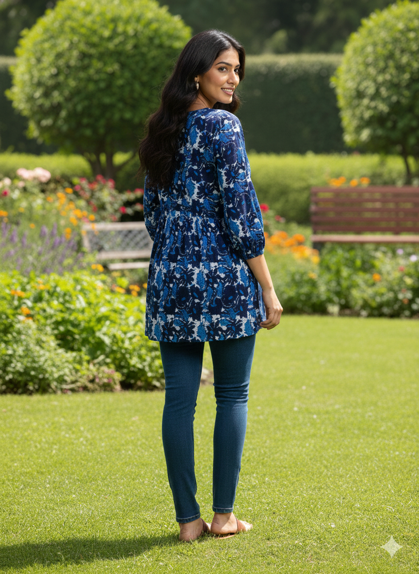 Women’s Blue Floral Alia Top | V-Neck | 3/4 Sleeves | Casual Everyday Wear