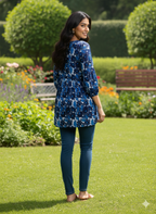 Women’s Blue Floral Alia Top | V-Neck | 3/4 Sleeves | Casual Everyday Wear