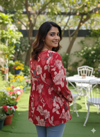 Women’s Red Floral Alia Top | Premium Soft Cotton | V-Neck | Full Sleeves