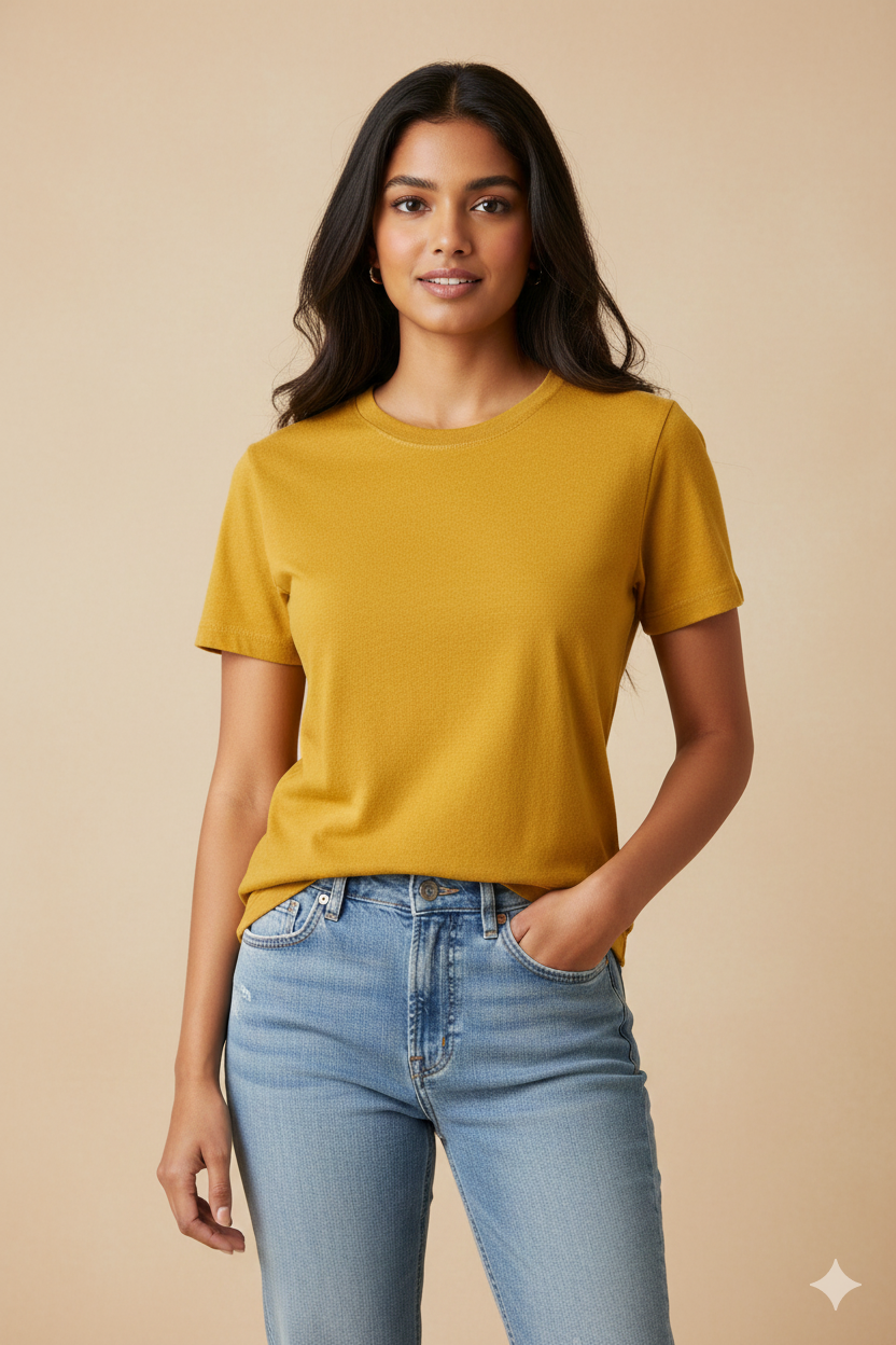 Mustard Yellow Bio-Washed 100% Cotton Super Combed T-Shirt (180 GSM) | Premium Quality | Soft & Breathable