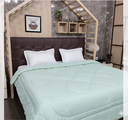 Reversible Fine Glace Cotton Comforter with Microfiber Filling & Lace Border – Solid + Green Floral Print