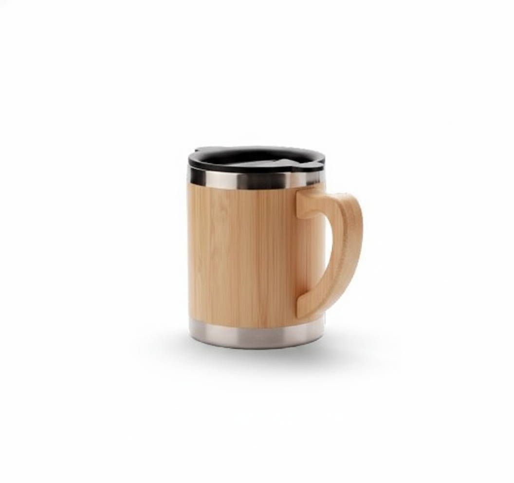 PIX-044 Bamboo Finish Thermos Mug – 350 ml | Pull-Up Lid | Double Wall Insulation