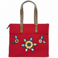 Red Laminated Canvas Tote Bag with Yellow Floral & Mirror Embroidery – Handmade Handbag