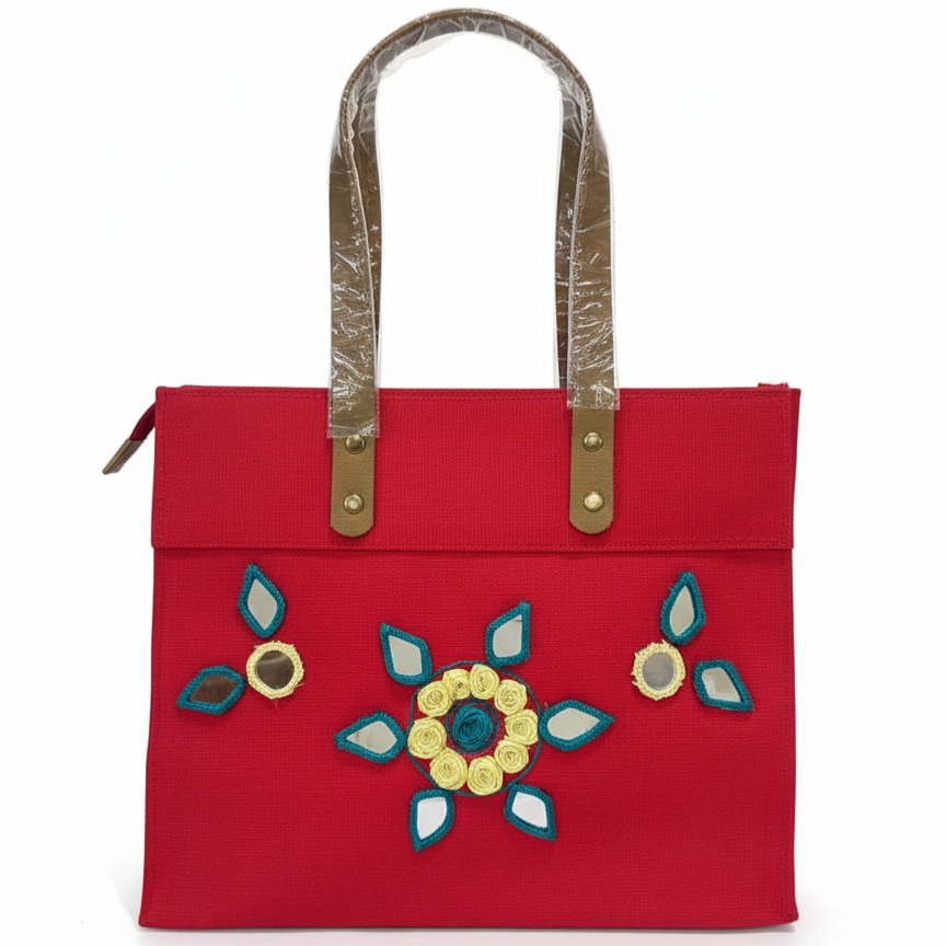 Red Laminated Canvas Tote Bag with Yellow Floral & Mirror Embroidery – Handmade Handbag