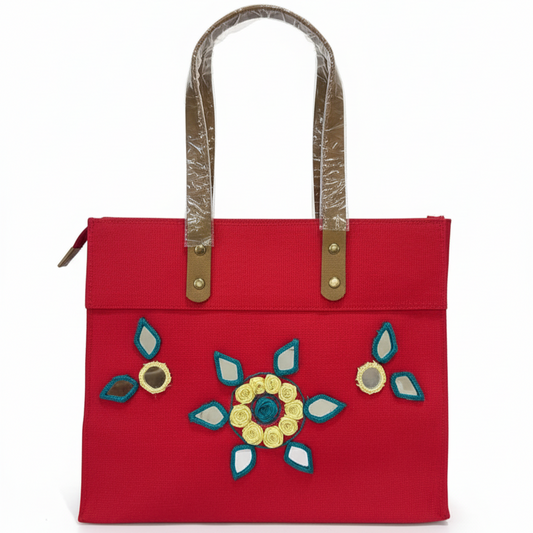 Red Laminated Canvas Tote Bag with Yellow Floral & Mirror Embroidery – Handmade Handbag