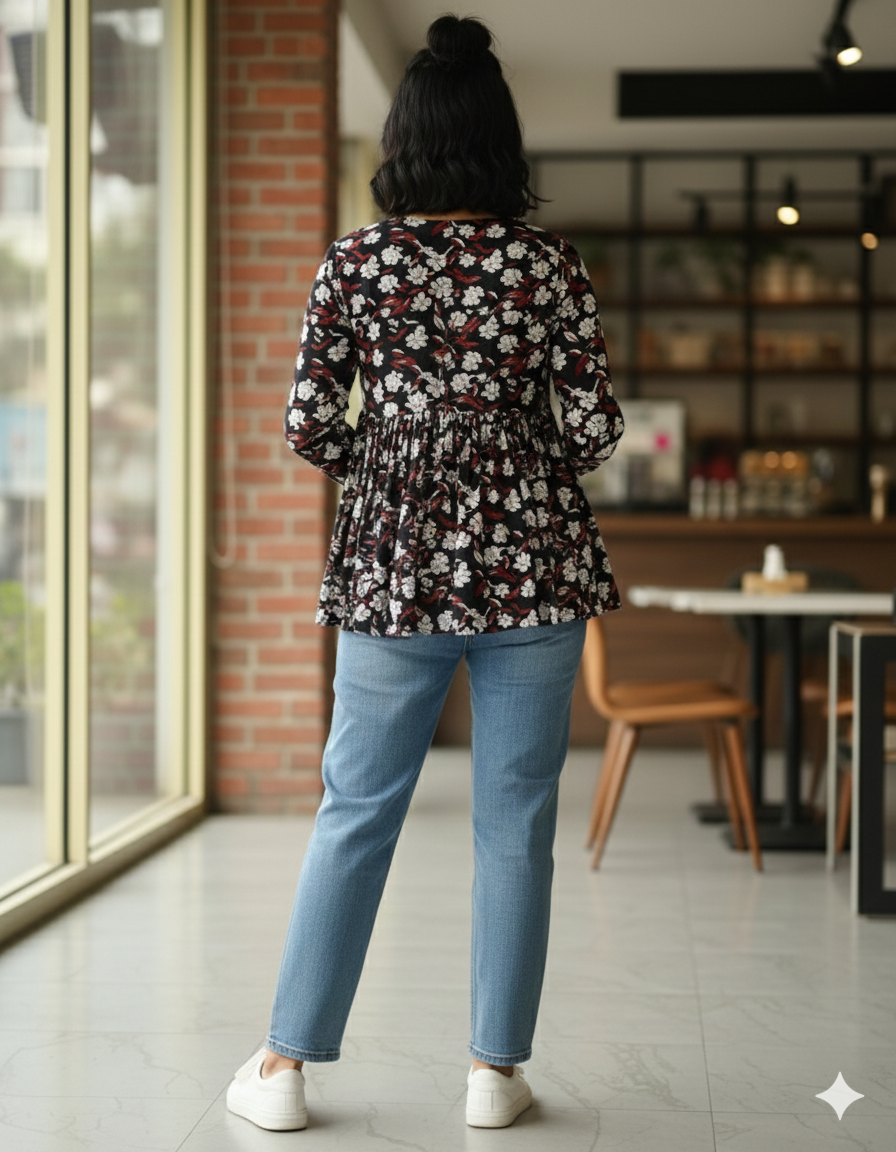 Women’s Black Floral Alia Top | Premium Soft Cotton | V-Neck | Full Sleeves