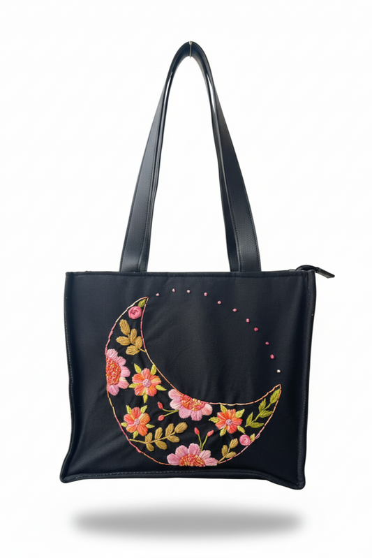 Black Cotton Canvas Tote Bag with Hand Embroidered Crescent Moon Floral Design & PU Leather Straps – 13.5 x 12 x 6 inch