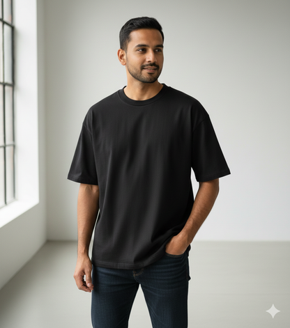 Black Oversized T-Shirt | 240 GSM Premium French Terry Cotton | Streetwear Drop Shoulder Tee