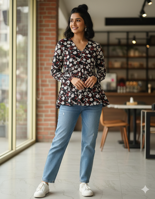 Women’s Black Floral Alia Top | Premium Soft Cotton | V-Neck | Full Sleeves