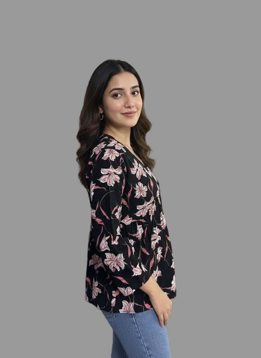 Women’s Black Floral Alia Top – Premium Soft Cotton | V-Neck Flowy Fit