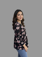 Women’s Black Floral Alia Top – Premium Soft Cotton | V-Neck Flowy Fit