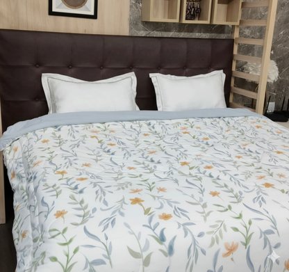 Reversible Fine Glace Cotton Comforter with Microfiber Filling & Lace Border – Solid + Leafy Floral Print