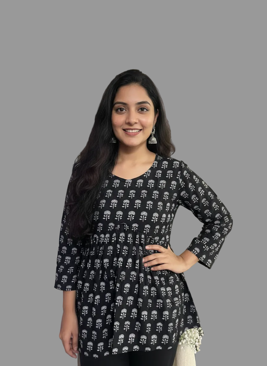 Women’s Black Ethnic Print Alia Top – Premium Soft Cotton | V-Neck Flowy Fit