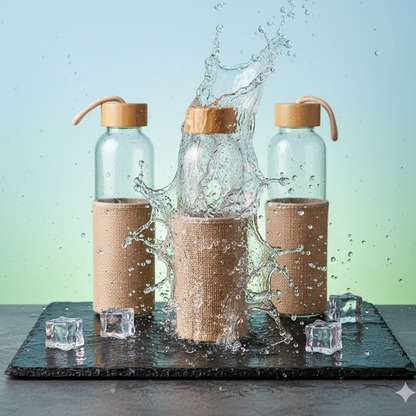 Glass Water Bottle with Jute Sleeve & Bamboo Lid – 500 ml