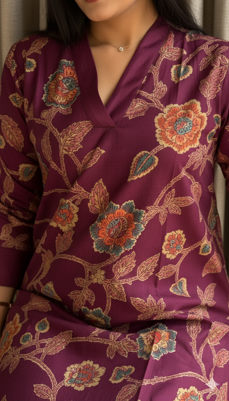 Maroon Vertical Silk Print Kurta Set with Multicolor Floral Design