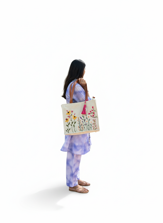 Handmade Floral Embroidered Canvas Tote Bag with PU Leather Handles – Beige