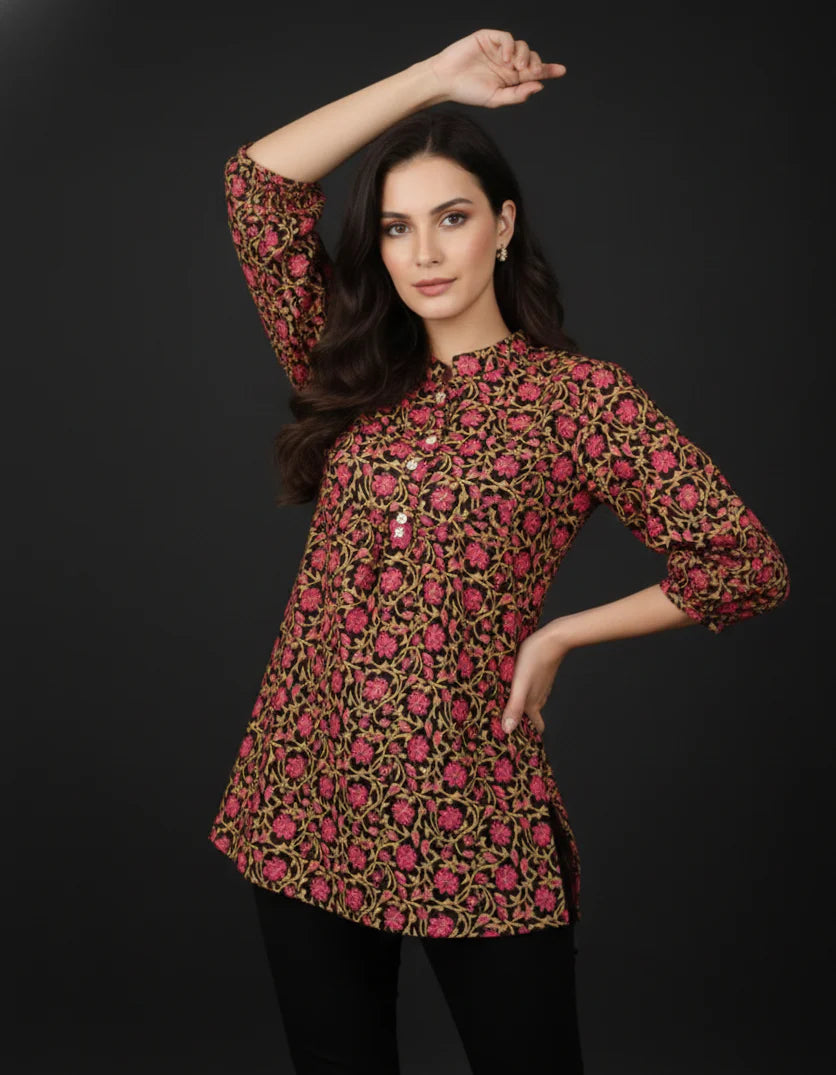 Black Pure Cotton Jaal Floral Printed Top with Mandarin Neck, Gathered Yoke & Puff Sleeves