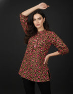 Black Pure Cotton Jaal Floral Printed Top with Mandarin Neck, Gathered Yoke & Puff Sleeves