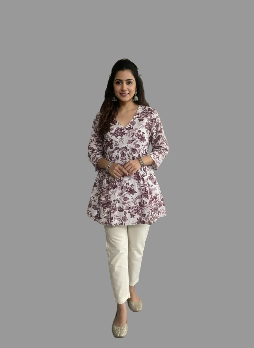Women’s Grey Mauve Floral Alia Top | Premium Soft Cotton | V-Neck | Full Sleeves