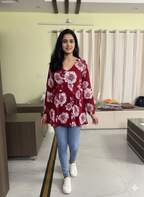 Women’s Wine Floral Alia Top – Premium Soft Cotton | V-Neck Flowy Fit