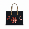Black Laminated Canvas Tote Bag with Red Floral & Mirror Embroidery – Handmade Handbag (12 x 10 x 6 inch)