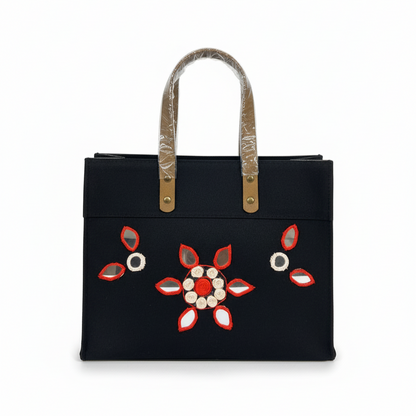 Black Laminated Canvas Tote Bag with Red Floral & Mirror Embroidery – Handmade Handbag (12 x 10 x 6 inch)