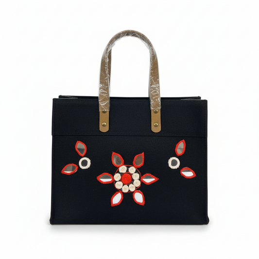 Black Laminated Canvas Tote Bag with Red Floral & Mirror Embroidery – Handmade Handbag (12 x 10 x 6 inch)