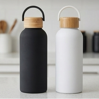 Premium Stainless Steel Thermos Bottle – 500ml | Bamboo Lid with Handle | Hot & Cold Insulation