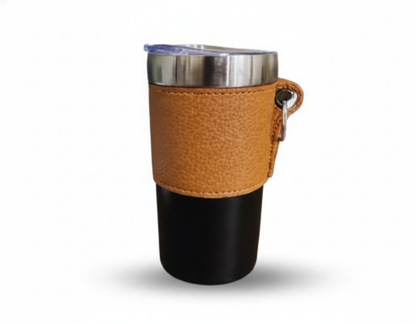 Premium Thermos Mug | 400 ml Double Wall Stainless Steel Mug with PU Leather Sleeve & Key Ring Holder