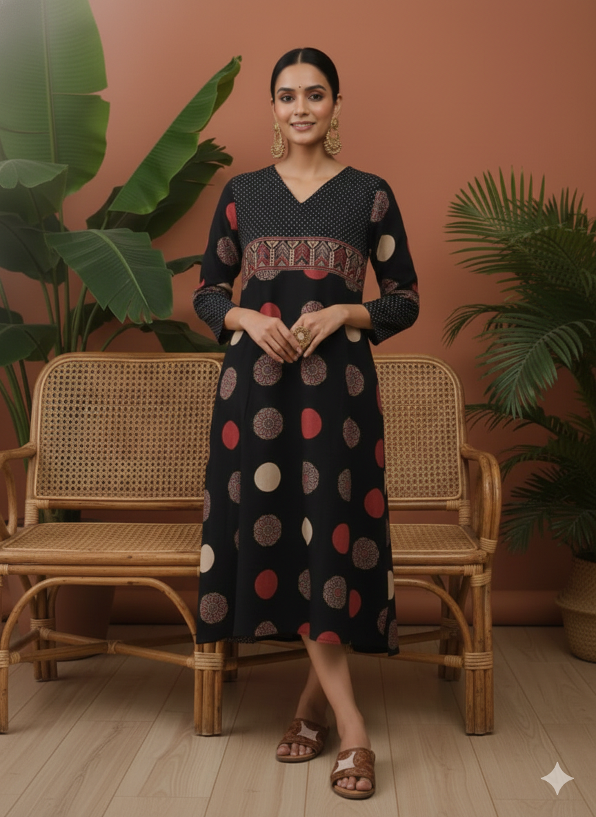 Handcrafted Ajrakh Cotton Kurti with Pocket – Vegetable Dyed | 42” Length