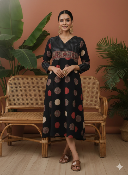 Handcrafted Ajrakh Cotton Kurti with Pocket – Vegetable Dyed | 42” Length