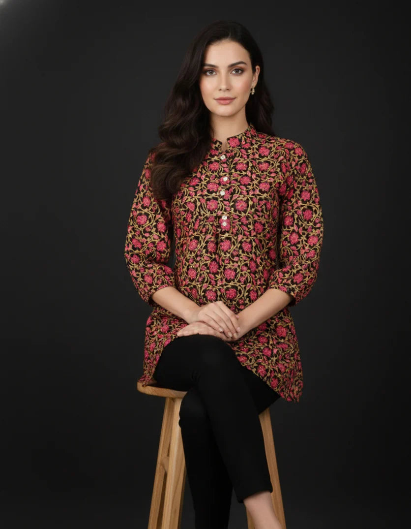 Black Pure Cotton Jaal Floral Printed Top with Mandarin Neck, Gathered Yoke & Puff Sleeves