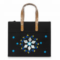 Black Laminated Canvas Tote Bag with Blue Floral & Mirror Embroidery – Handmade Handbag (12 x 10 x 6 inch)
