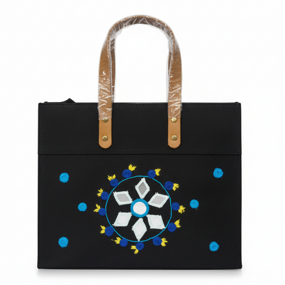 Black Laminated Canvas Tote Bag with Blue Floral & Mirror Embroidery – Handmade Handbag (12 x 10 x 6 inch)
