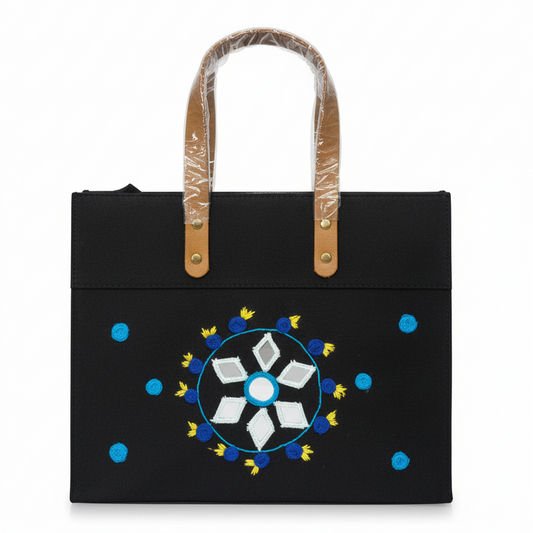 Black Laminated Canvas Tote Bag with Blue Floral & Mirror Embroidery – Handmade Handbag (12 x 10 x 6 inch)