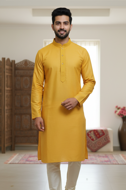 Men’s Mustard Yellow Cotton Kurta with White Churidar