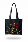 Black Cotton Canvas Tote Bag with Hand Embroidered Floral Garden Design & PU Leather Straps – 13.5 x 12 x 6 inch