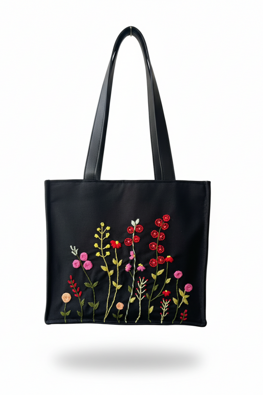 Black Cotton Canvas Tote Bag with Hand Embroidered Floral Garden Design & PU Leather Straps – 13.5 x 12 x 6 inch