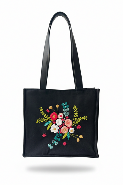Black Cotton Canvas Tote Bag with Hand Embroidery & PU Leather Straps – Floral Design (13.5 x 12 x 6 inch)