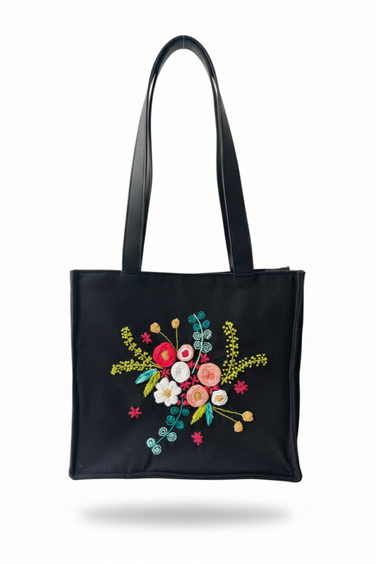 Black Cotton Canvas Tote Bag with Hand Embroidery & PU Leather Straps – Floral Design (13.5 x 12 x 6 inch)