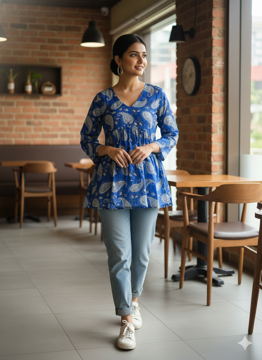 Women’s Blue Paisley Alia Top | Premium Soft Cotton | V-Neck | Full Sleeves
