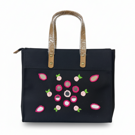 Black Laminated Canvas Tote Bag with Pink Rose Embroidery & Mirror Work – Handmade Eco-Friendly Bag (12 x 10 x 6 inch)