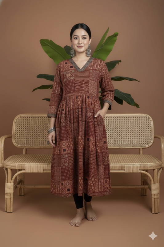 Vegetable Dyed Ajrakh Cotton Kurti – V-Neck | One Side Pocket